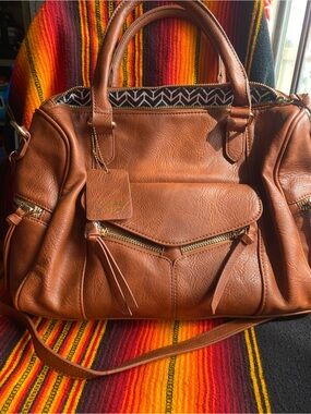 Women's Satchel Camera Bag in Cognac Brown with Front Zip Pocket